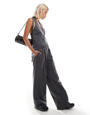 tailored wide leg pants with elastic waistband in charcoal gray - part of a set