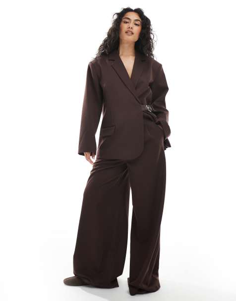 Collusion tailored wide leg trouser co-ord in chocolate - view 1
