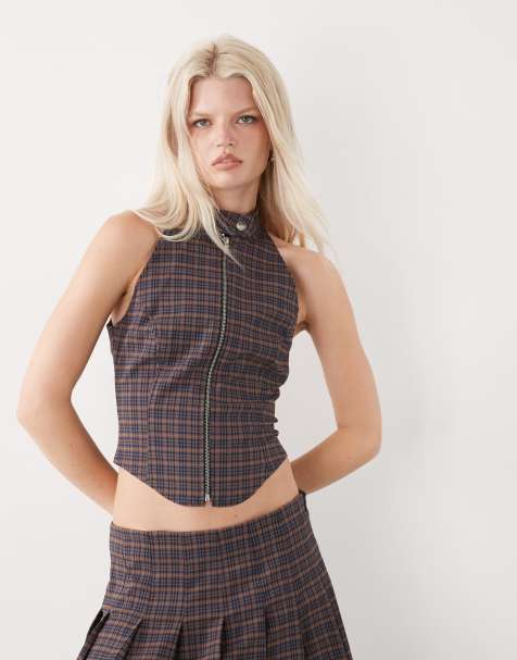 COLLUSION tailored zip-up halter top co-ord in dark check - view 1