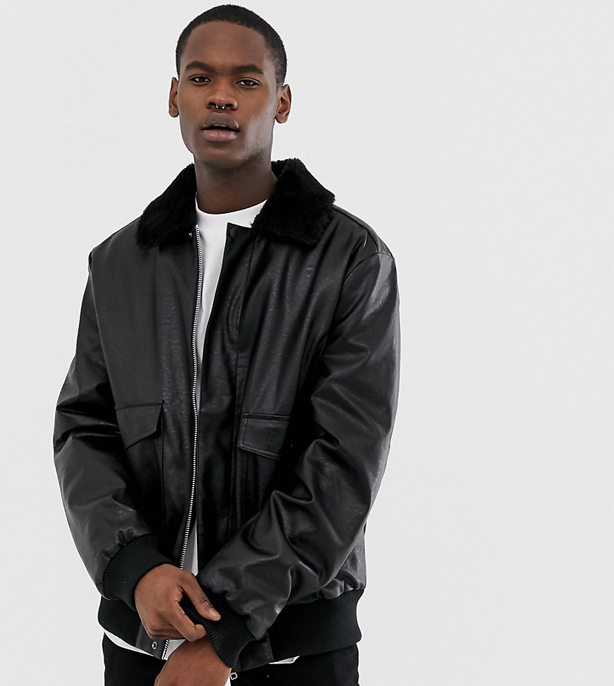 COLLUSION Tall faux leather bomber with borg collar-Black