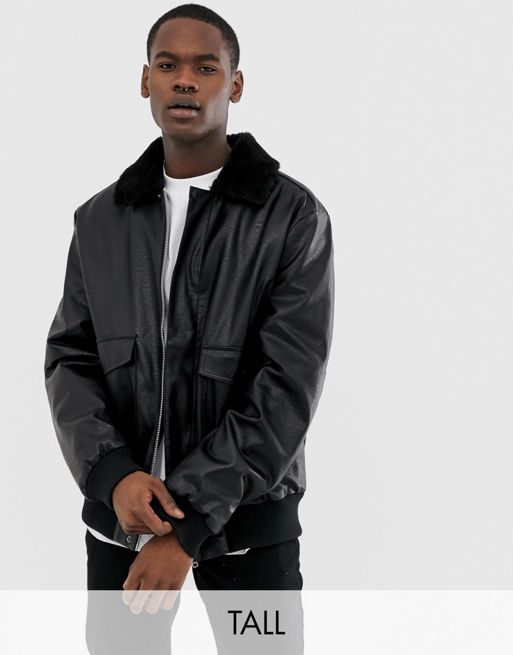 COLLUSION Tall faux leather bomber with borg collar | ASOS