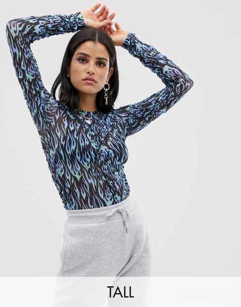 COLLUSION Tall mesh ruched top in flame print