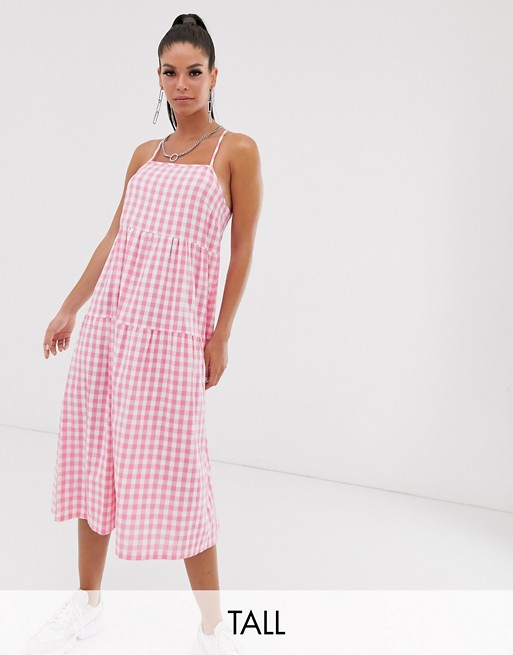 COLLUSION Tall tiered cami smock midi dress in gingham seersucker