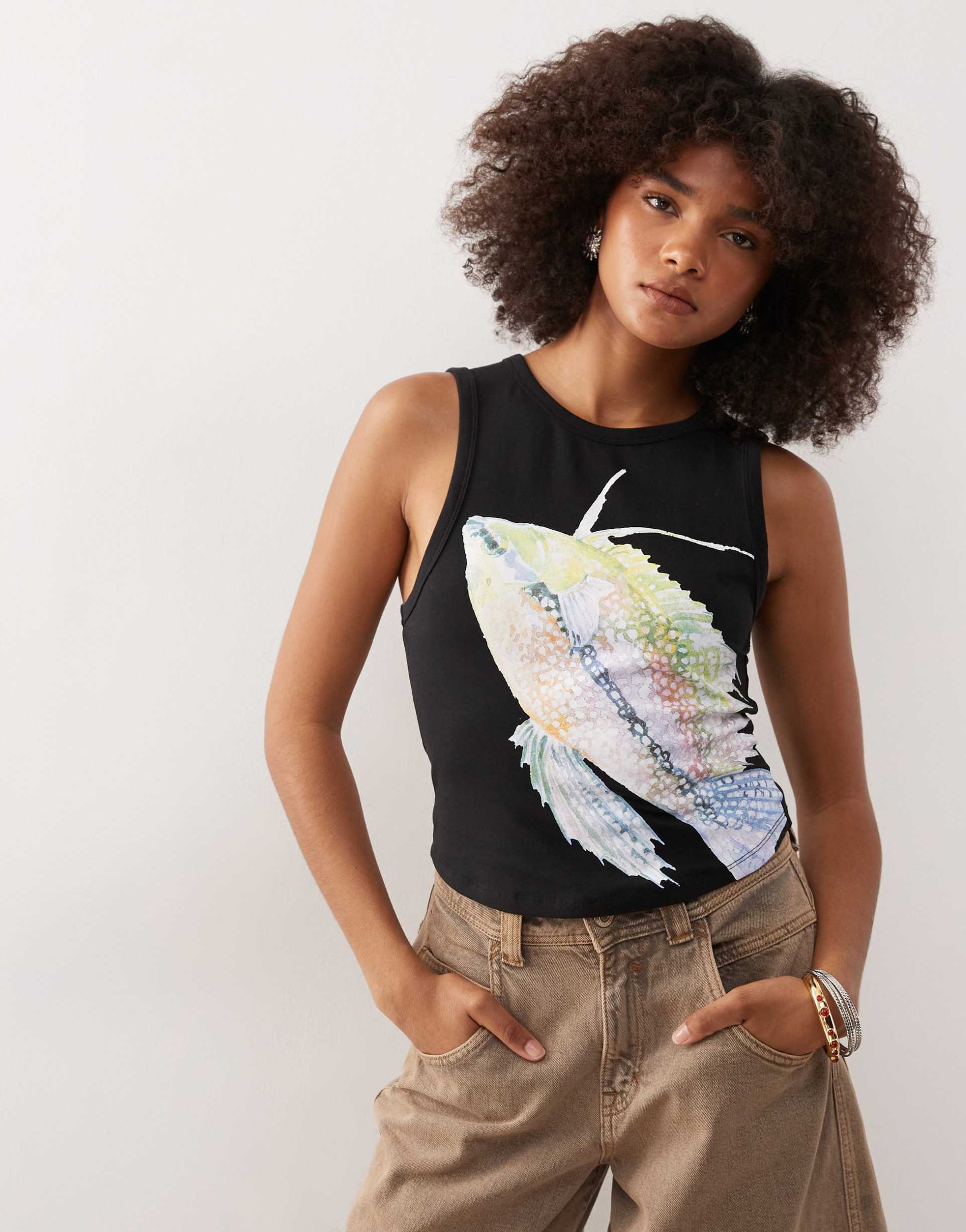 collusion tank top in black with fish print