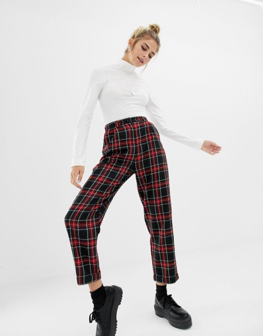 ASOS DESIGN straight leg pants in red plaid check