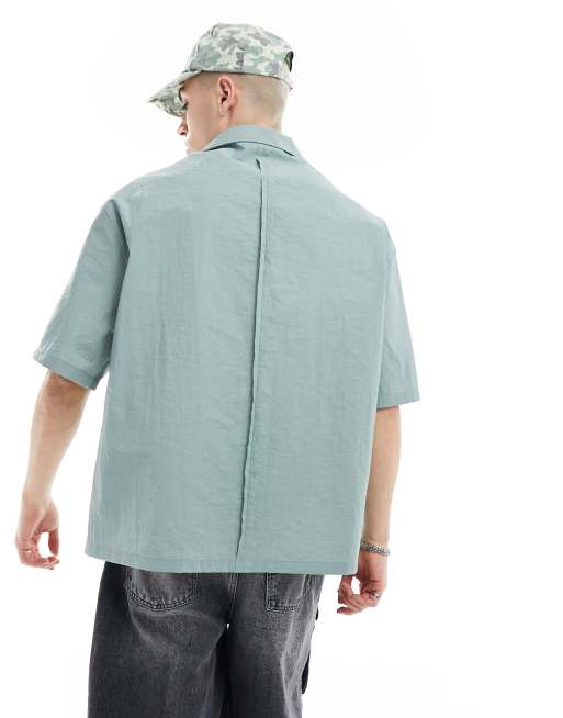 COLLUSION techy short sleeve revere shirt with raw seam detail in blue, 4 of 4