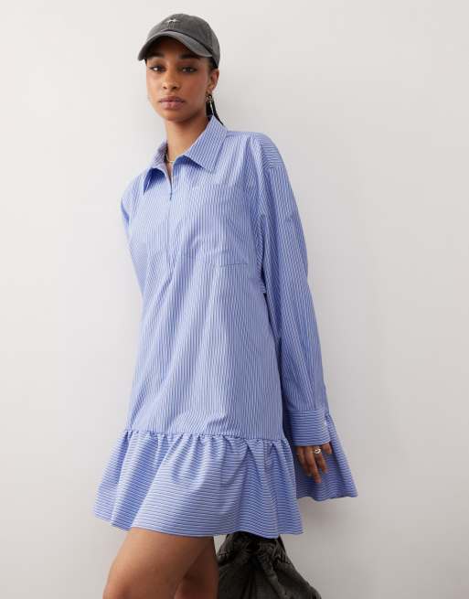 COLLUSION tent shirt dress with bubble hem in blue stripe ASOS - Main Image
