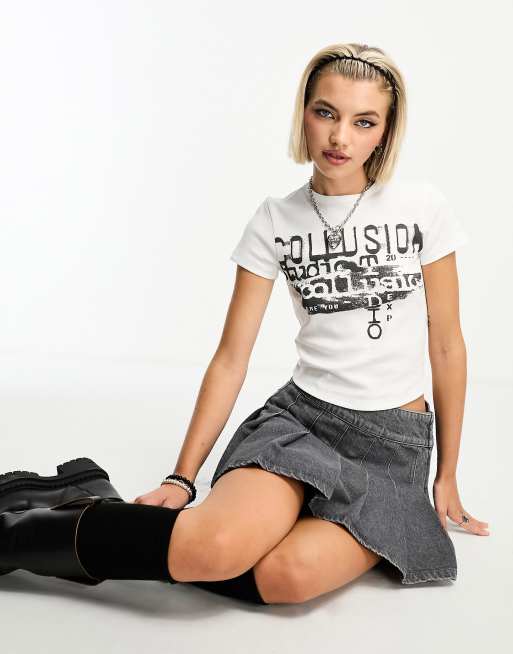 COLLUSION text print fitted t-shirt in white