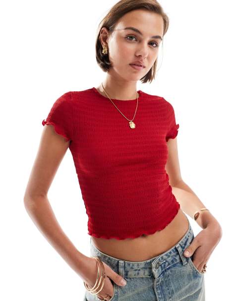 COLLUSION textured baby tee with tie back in red - view 1