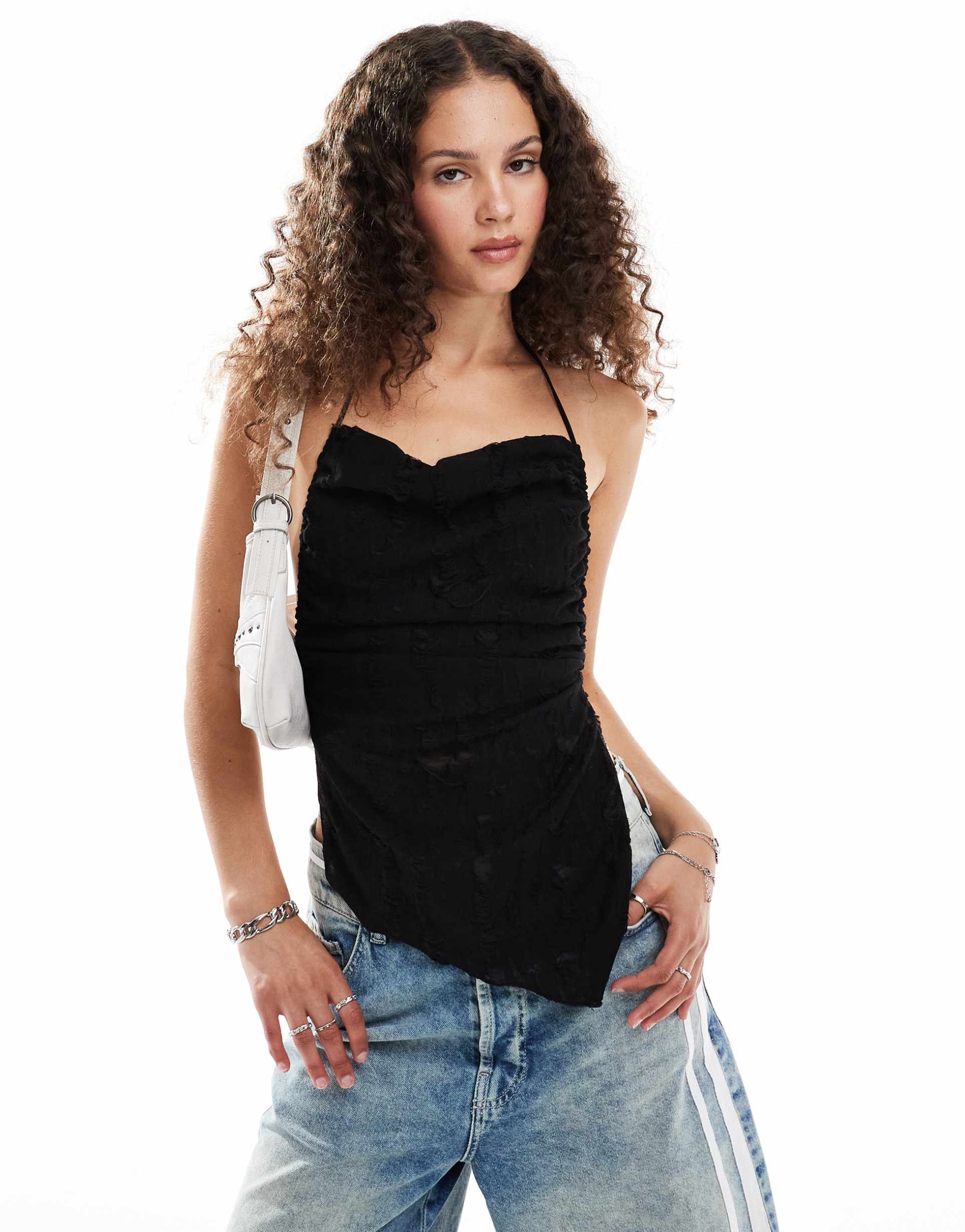 collusion textured back detail halter top in black