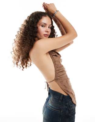 Collusion Textured Back Detail Halter Top In Brown