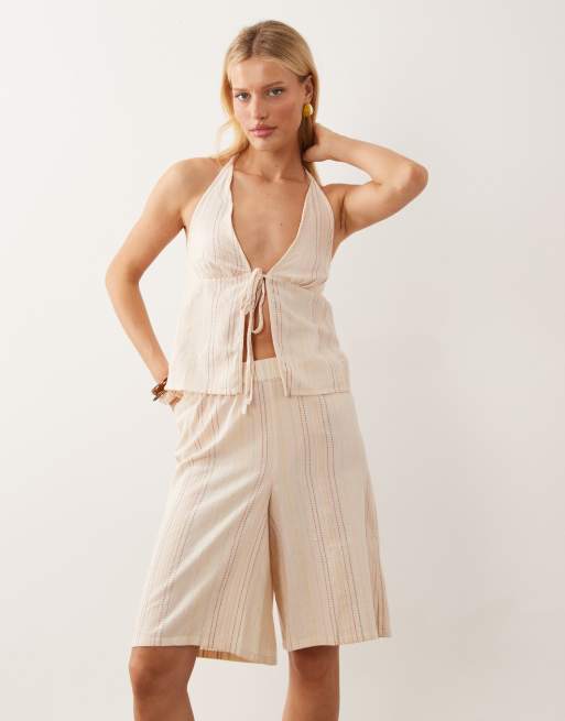 COLLUSION textured beach stripe halter top co-ord in neutral, 3 of 4