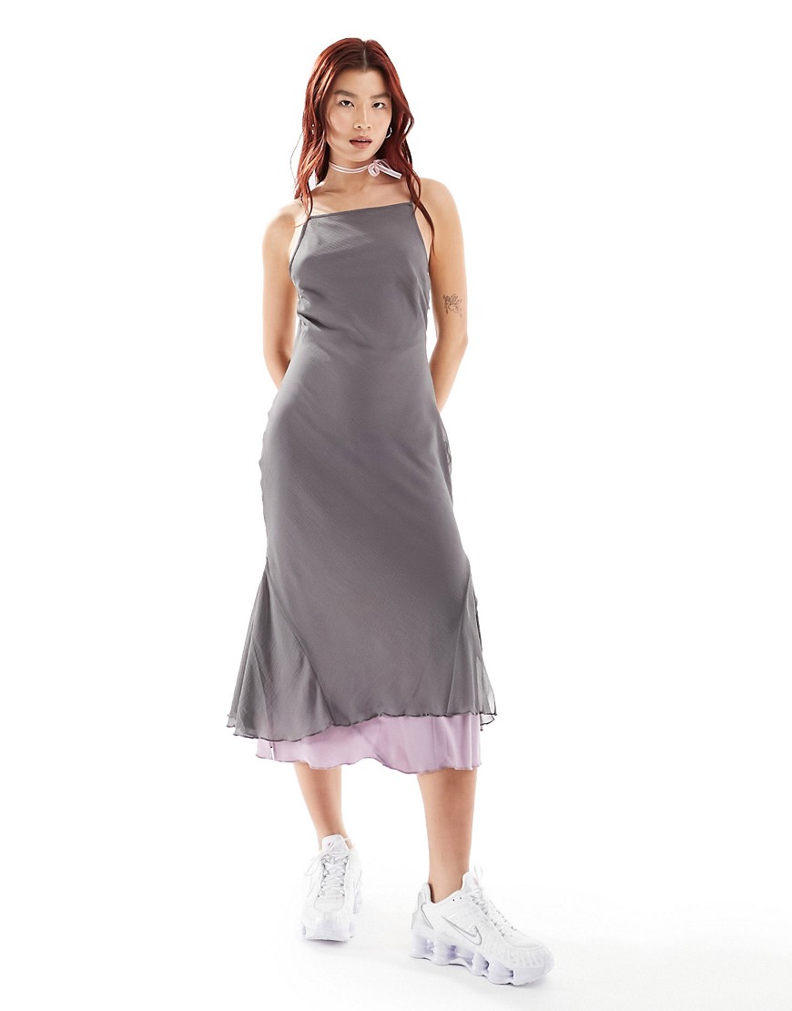 COLLUSION textured chiffon midi asymmetric slip dress in grey & lilac