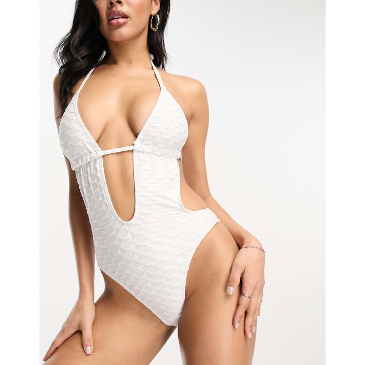 ASOS DESIGN crinkle cut out halter neck swimsuit with super high