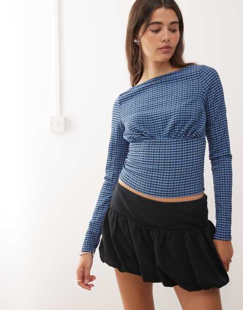 COLLUSION textured gingham slash neck in blue check - view 1