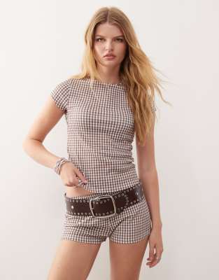 Collusion Textured Gingham Slash Neck Top