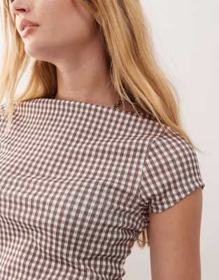 Collusion Textured Gingham Slash Neck Top