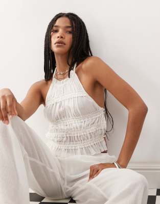 Collusion COLLUSION textured halter neck backless top co-ord in ecru-White