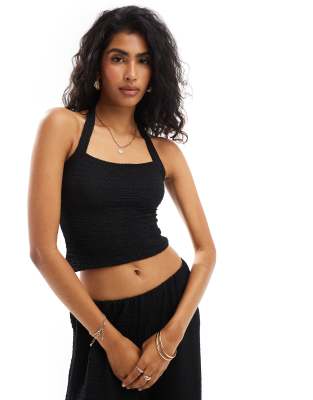 COLLUSION textured halter top co-ord in black