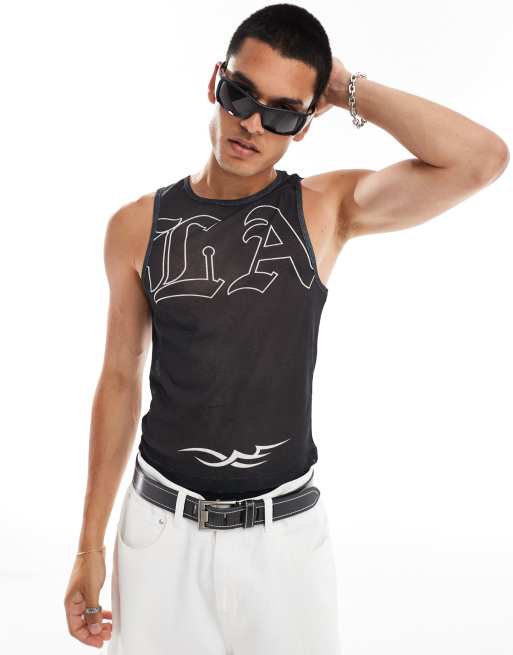 COLLUSION textured mesh tank top with print in black 