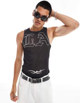 Collusion COLLUSION textured mesh vest with print in black-White