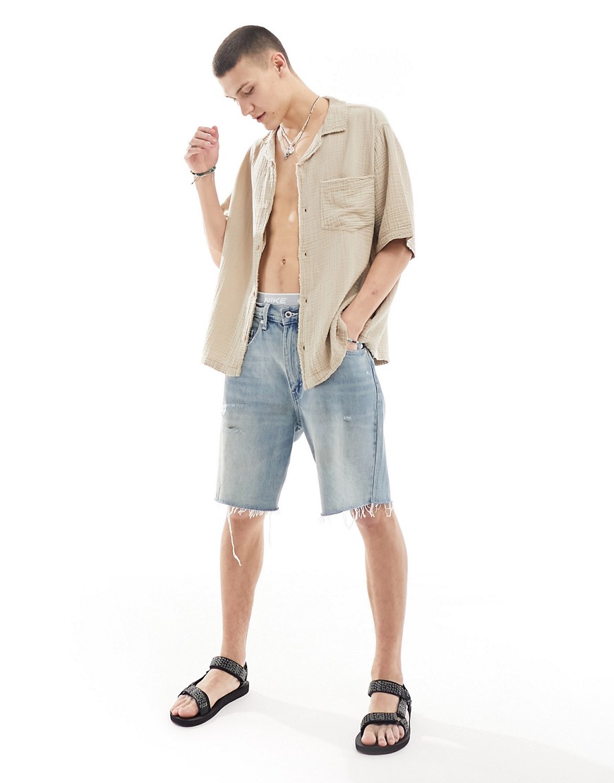 Collusion Textured Oversized Camp Collar Short Sleeve Shirt With Raw Seam Detail In Ecru-neutral