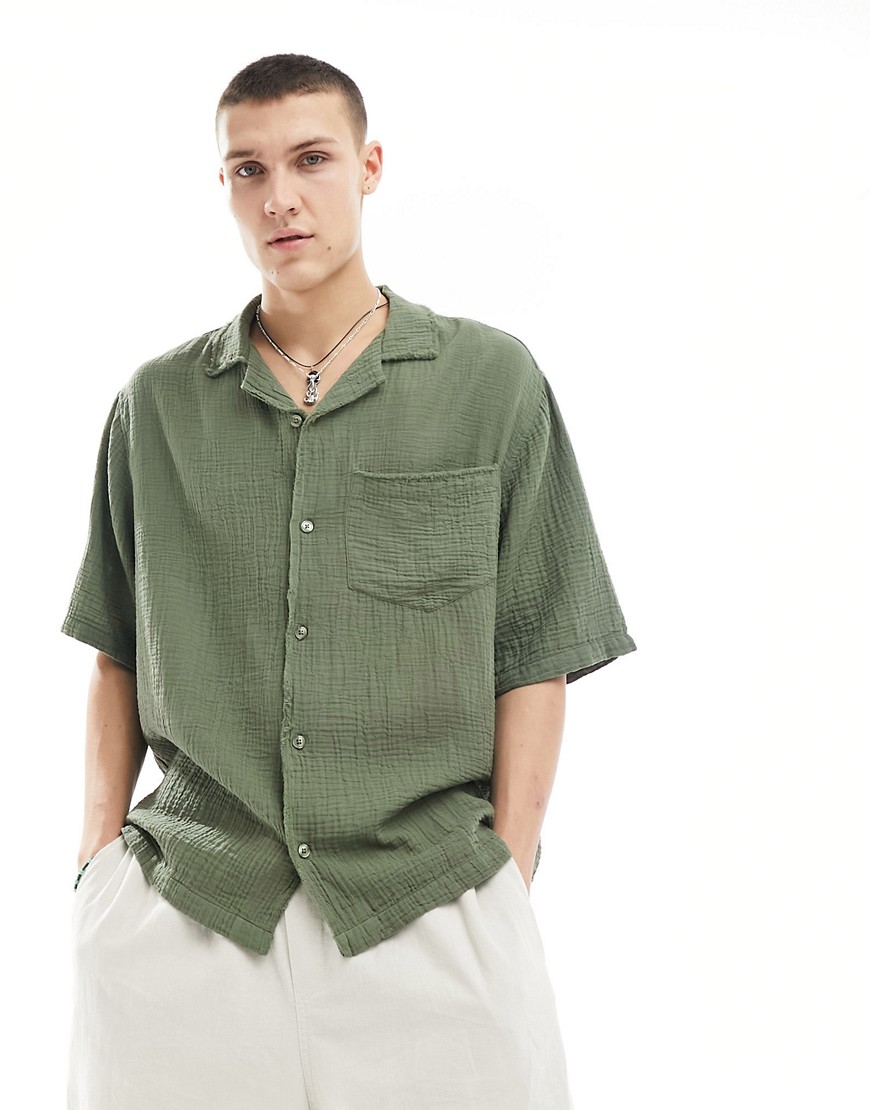 Collusion Textured Oversized Camp Collar Short Sleeve Shirt With Raw Seam Detail In Khaki-green