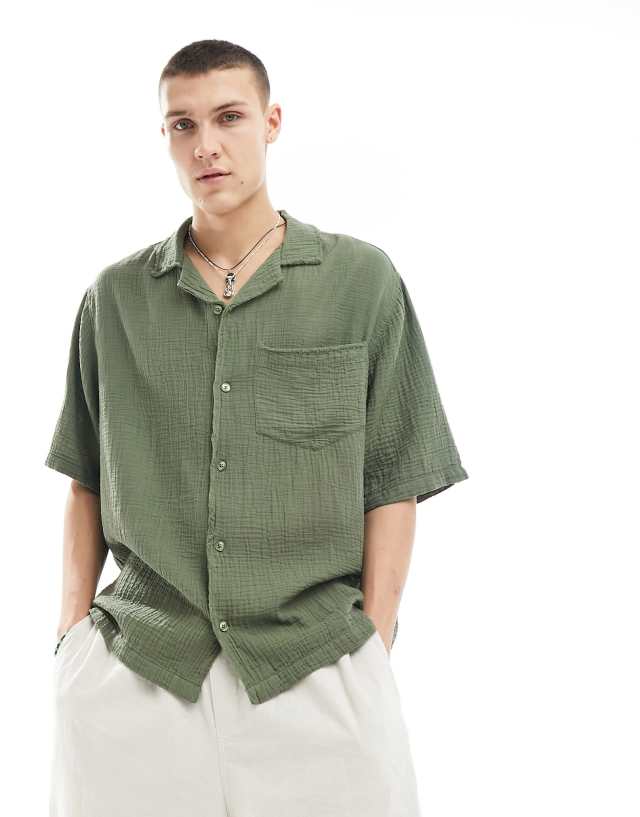 Collusion - textured oversized revere short sleeve shirt with raw seam detail in khaki