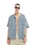 [Collusion] COLLUSION textured oversized revere short sleeve shirt with raw seam detail in slate blue XS Slate Blue