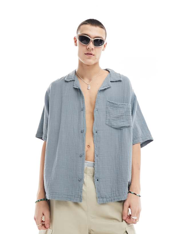 Collusion - textured oversized revere short sleeve shirt with raw seam detail in slate blue