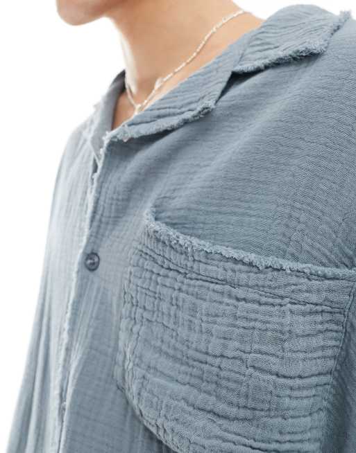 COLLUSION textured oversized revere short sleeve shirt with raw seam detail in slate blue, 2 of 4