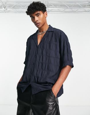 COLLUSION textured relaxed short sleeve shirt in navy - BLACK