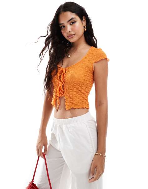 COLLUSION textured ribbed tie front top in orange - view 1