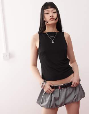 Collusion Textured Slash Neck Tank Top In Black