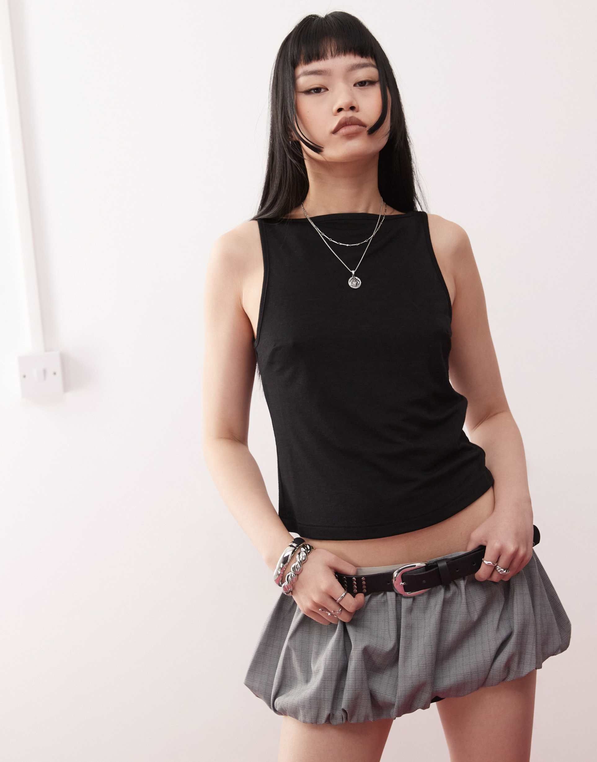 collusion textured slash neck tank top in black