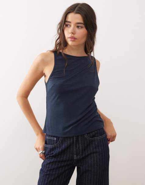 COLLUSION textured slash neck tank top in navy - view 1