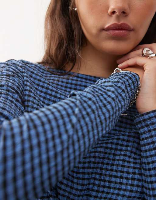 COLLUSION textured slash neck top in blue gingham