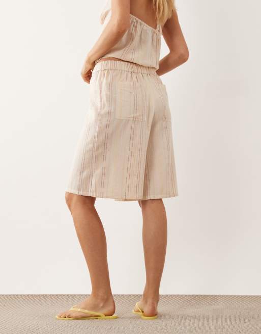 COLLUSION textured stripe beach longline short co-ord in neutral, 2 of 5