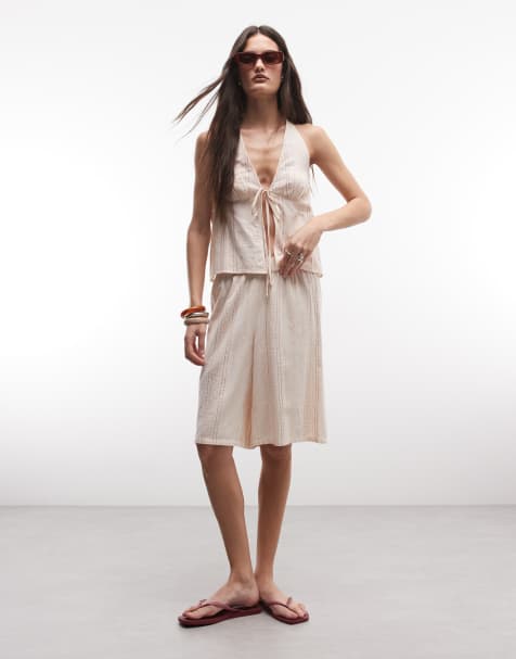 COLLUSION textured stripe beach longline shorts in neutral (Part of a set) - view 1