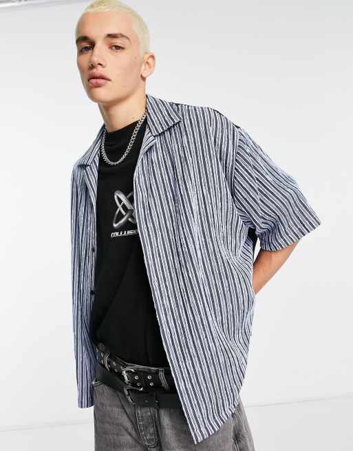  COLLUSION textured stripe skater short sleeve shirt in blue 