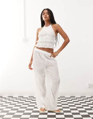 textured wide leg pants - part of a set-White
