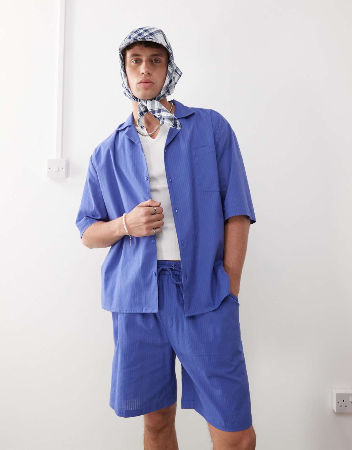 COLLUSION textured woven shirt in blue stripe - LGREY