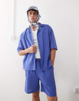textured woven shirt in blue stripe-Gray
