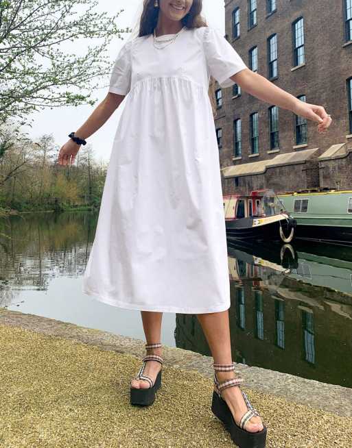 COLLUSION tie back midi smock dress in white