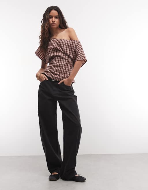 COLLUSION tie back off the shoulder woven top in burgundy check, 2 of 4