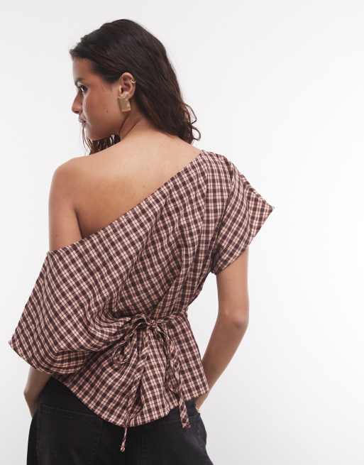 COLLUSION tie back off the shoulder woven top in burgundy check, 4 of 4