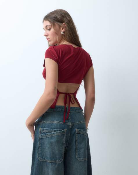 COLLUSION tie back slinky top in wine - view 1