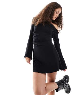 tie detail off shoulder asymmetric long sleeve mini dress-Black