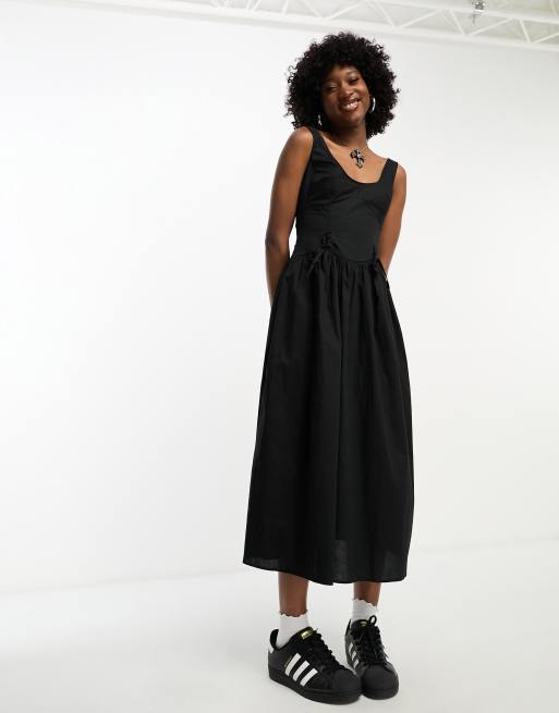 COLLUSION tie detailed smock midi dress in black