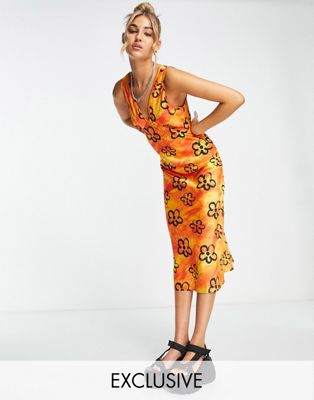 COLLUSION tie dye floral satin midi slip dress in orange print | ASOS